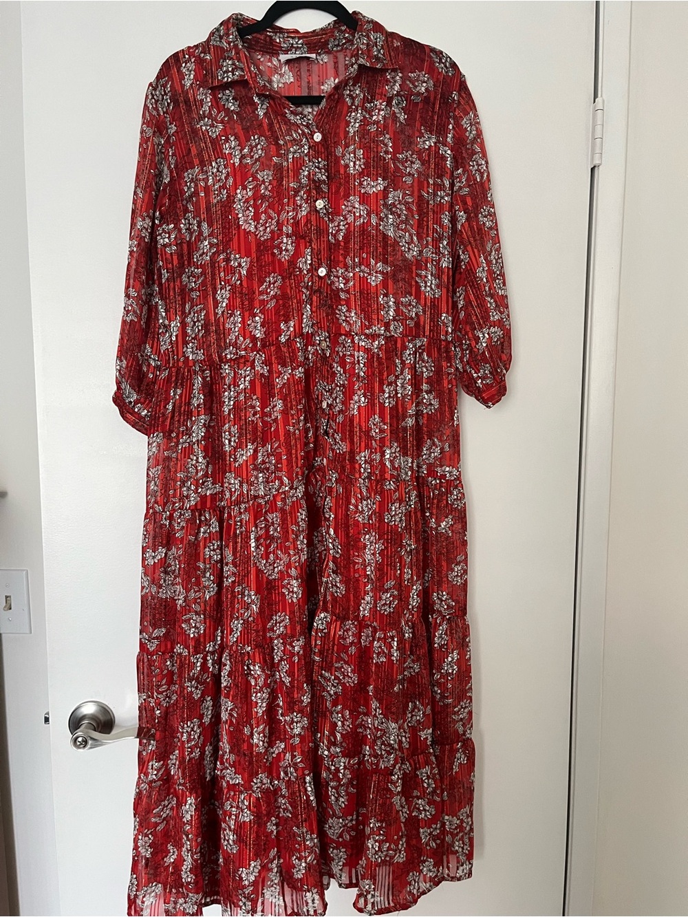 Red Floral Maxi Shirt Dress with Collar